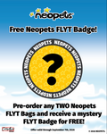 Promotional graphic for Neopets advertising a free Neopets FLYT badge. The design features a blue sky and clouds background with the Neopets logo at the top, a large yellow circular badge with a black question mark in the center, and text explaining that pre-ordering two Neopets FLYT bags results in a free mystery FLYT badge.